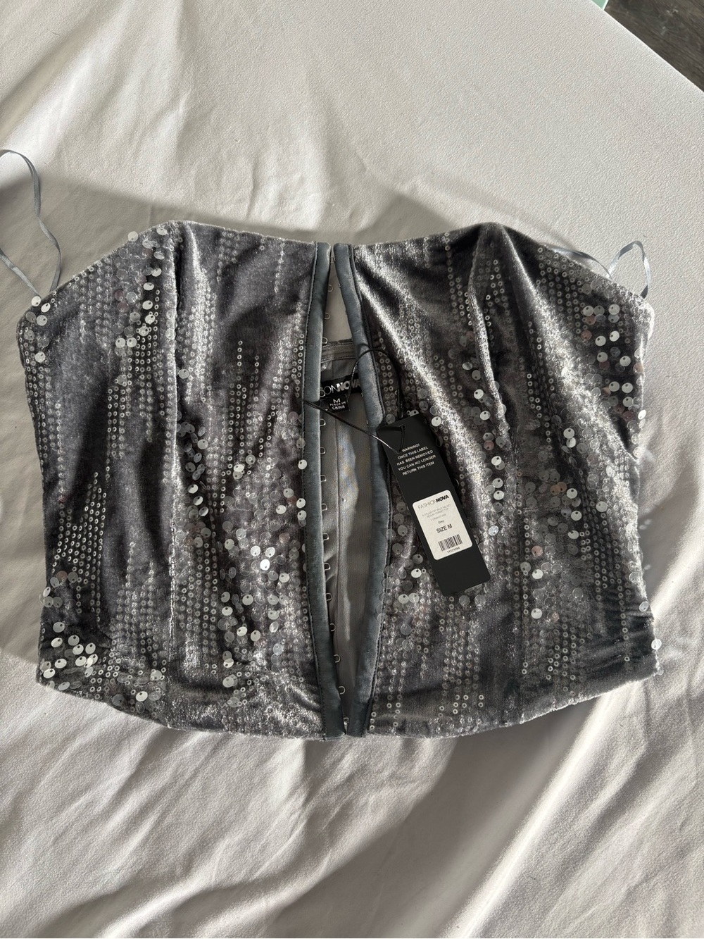 Fashion Nova Grey Sequin Velvet Corset Top